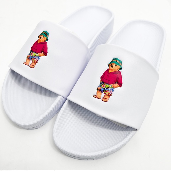 POLO Ralph Lauren CAYSON BEACH BEAR POOL SLIDES WHITE - Picture 2 of 16